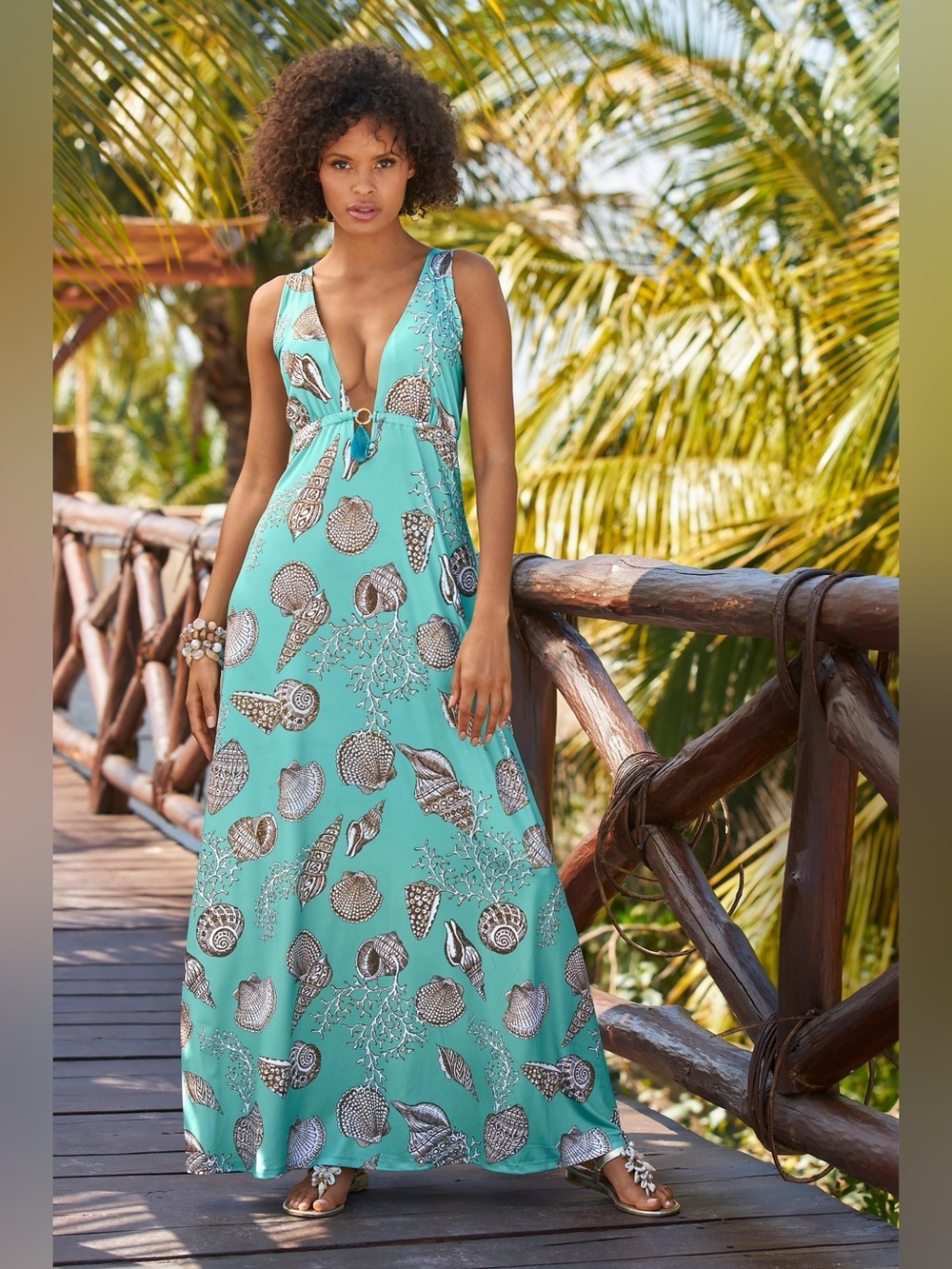 Boston Proper Teal Green V-neck Ocean Seashell Sleeveless Maxi Dress